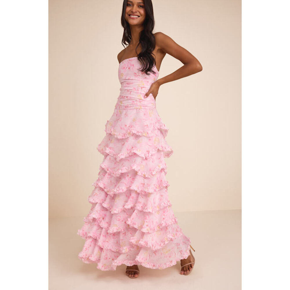 Lulus Maleta Light Pink Floral Tiered Maxi Dress - Size XS